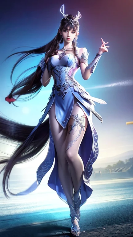 Close-up of a woman in a silver blue dress, Cheng Weipan Art Station, Xiuxian Technology Sense, detailed fantasy art, Stunning character art, Epic and beautiful character art, beautiful armor, Extremely detailed artistic sprouts, Detailed digital animation art, Art site Pixiv on Artgerm, Armor girl, Exquisite and intricate headdresses and jewelry，Big breasts，big breasts，expose breast,huge breast,Full body display，Full body display，