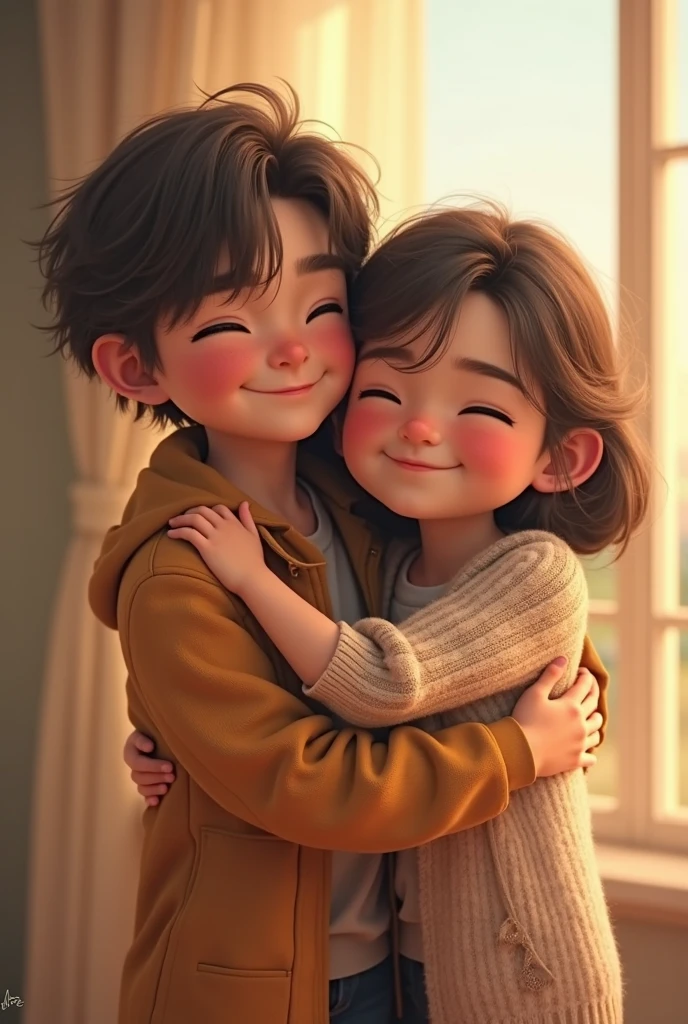 Teenage boy hugs his mother in front of the house, happy.