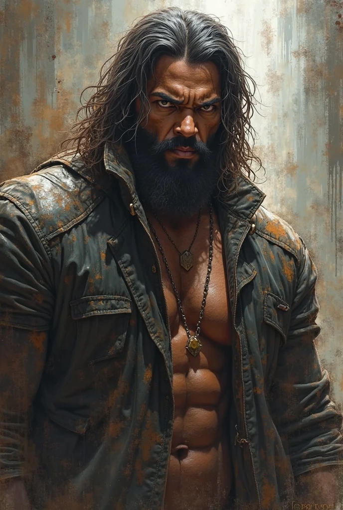 Give me a mafia king, strong, Long hair, green eyes, with penetrating gaze, with bare torso