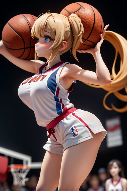 Muscular girl, long blonde hair, devil figure, (huge and amazingly large breasts), (tucked two basketballs into a vest), in an action pose, (waist exposed)