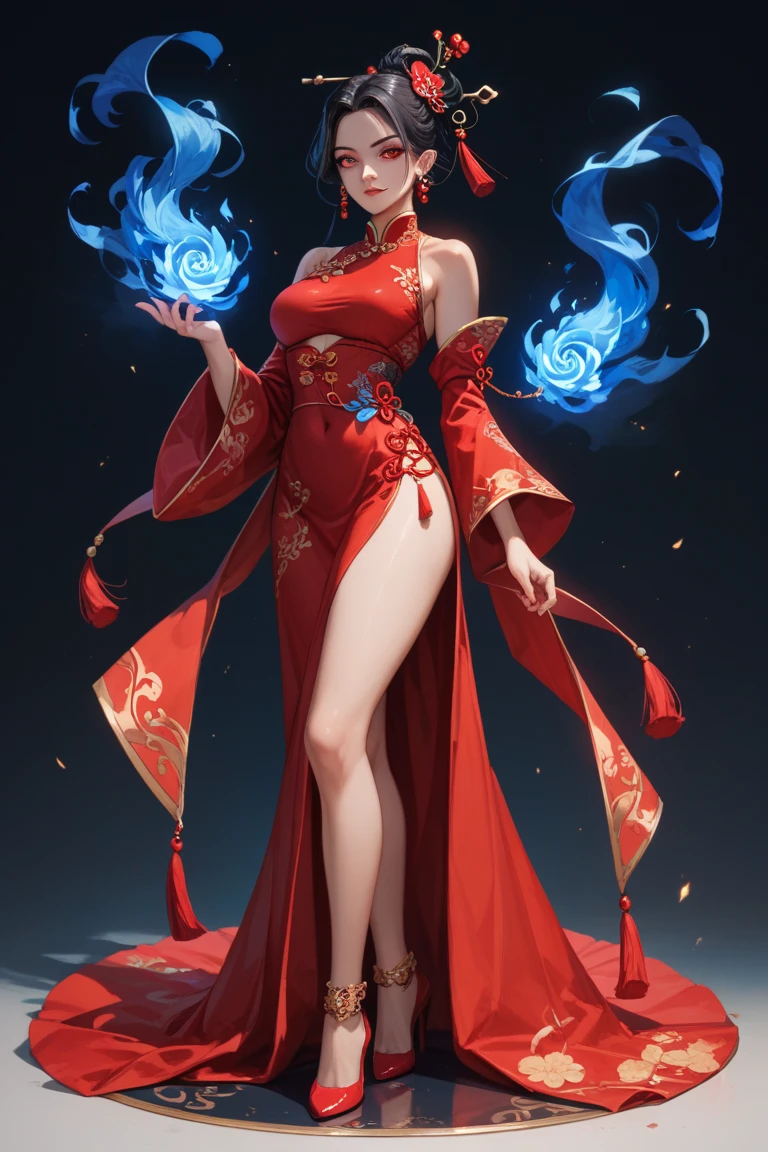 Beautiful girl with black hair and smooth bangs，hairpin，，cleveage，Thong，cheongsam，Large sleeves，，black，sandals，permanent(Delicate face:1.2),