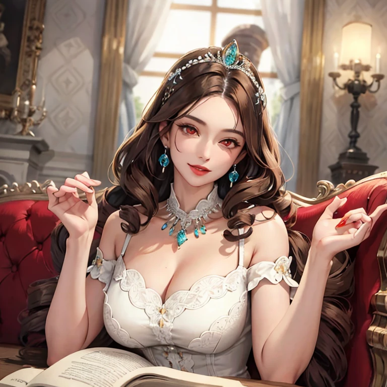 Grand black stepmother clad in high-fashion, silky, elegant classical attire with high neckline and sparkles all over her attire, pearl embellishments, and long sleeves, having a celestial aura, Victorian study background filled with dark mahogany, looming bookshelves, antique desk, open book, manipulative gaze toward underlings, vintage books, soft diffused lighting, chiaroscuro technique, ultra realistic, shining glamorous lipstick, sparkling, hypnotizing eyes, irresistible curvious sensual alluring and intoxicating and addicting beauty to crave the lust more, four fingers and a thumb in each of hands with polished red fingernails royalty, silky woven hair, careful about drawing details of fingers and hands