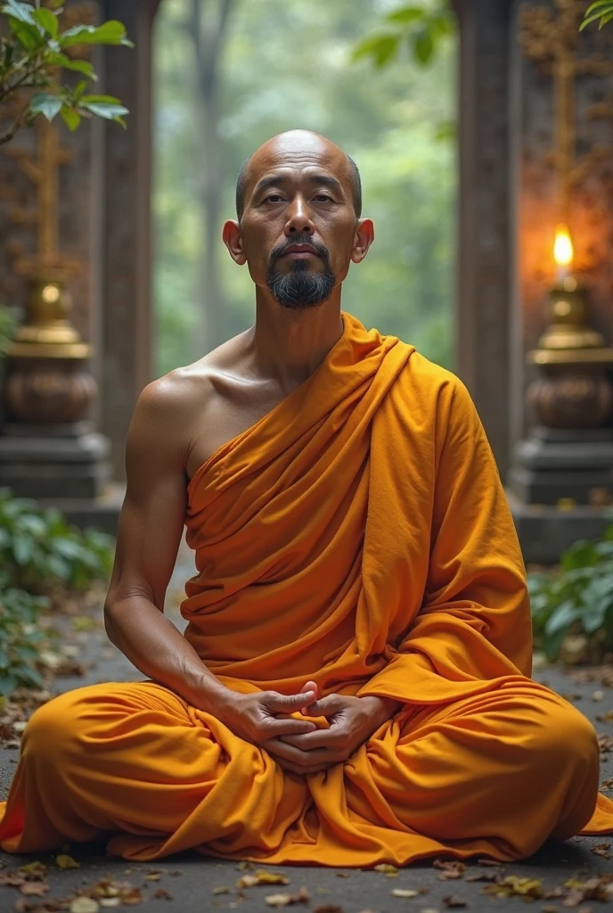Muscular old Asian monk sits cross-legged in an patch of flowers with his eyes opens in deep meditation, wearing a hood and cape, his stoic expression remains unbroken, (extremely detailed CG), ((Realistic Shadows:1.2)), ((Realistic Lighting:1.1)), [Highest quality], (8K:1.1), ultra-detailed, ((perfect shadows)), best illumination, best shading, (masterpiece), (best quality:1.0), (ultra highres:1.0), well drawn body, (subject in focal point)