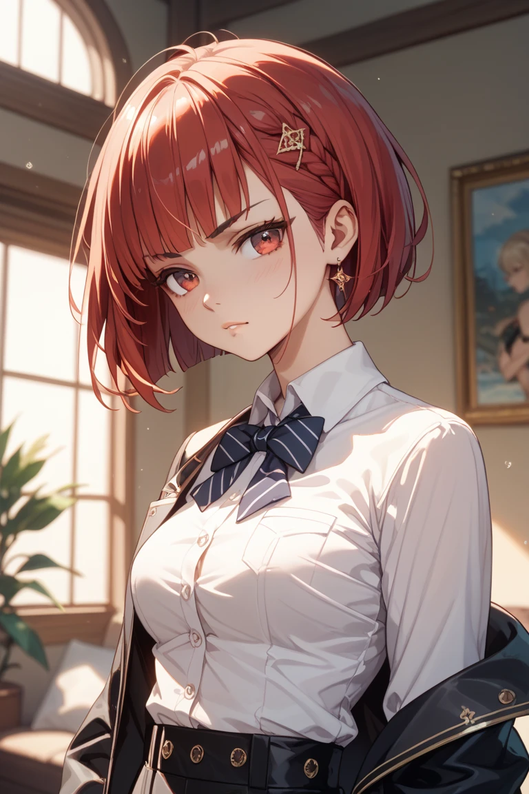 ((best quality)), ((masterpiece)), ((extremely detailed)), illustration, high-res, realistic, prefect lighting, dynamicangle, absurdres, 1girl, (SolaUi), solo, upper body, (closeup:1.8), from below, short hair, red hair, pure white dress, red bow, focus sharp, look into the distance, emptiness eyes, glaring, contempt, disgust, absent-minded, detailed eyes description, large breasts, tomboy. <lora:sola-10:0.7> <lora:add_detail:0.5> <lora:Tomboy:0.5>