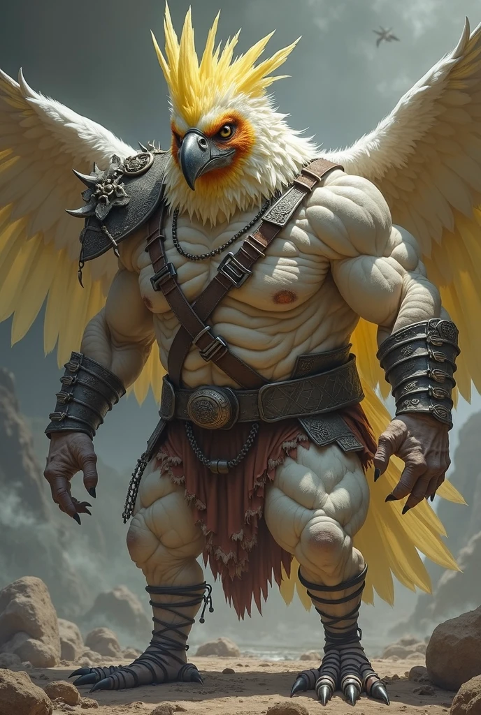 eagle man, grey and white feathes, leather armor, bow in the back, dnd creature, fantasy rpg