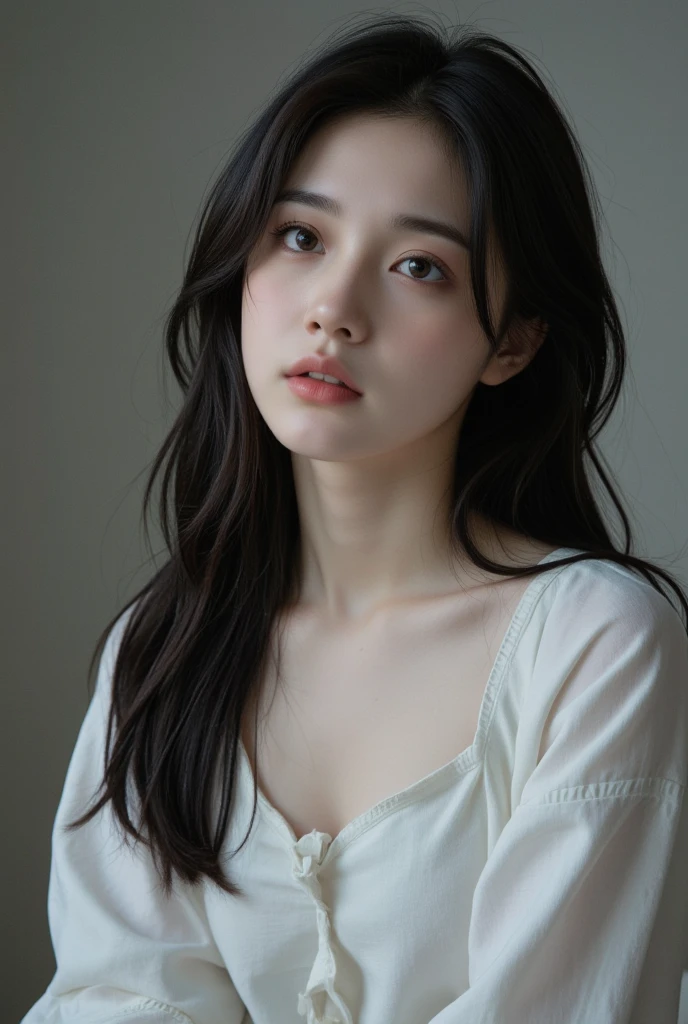 masterpiece, highest quality, 8k, 20th Generation, Big Breasts, cute, alone, sad, cute, Girlish, cute、Delicate girl, Pure beauty, RAW Photos, Professional photography, Portraiture, Soft Light, Professional Lighting, Backlight, Upper Body, avert your eyes, Sophisticated, Film Grain, (Round face、Young Face、Thin eyebrows、Thin lips:1.0), Floating Hair, beautiful, Flowing hair, bangs, White blouse、pastel cardigan、(Big Breasts:1.2)、You can see the chest a little、Micro Mini Skirt、Voluptuous thighs、dolly make、Heterochromia iridis、Left and right eyes are different colors、Midsummer sky、Cumulonimbuidsummer Beach