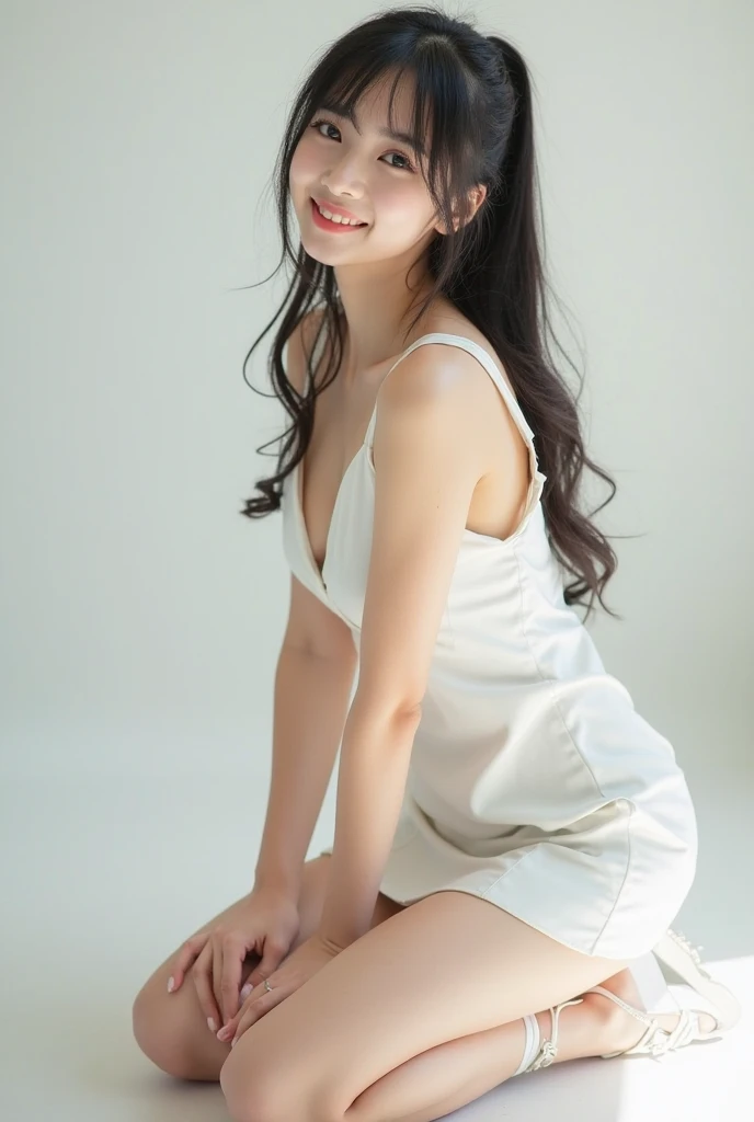 ((1 girl)), Very beautiful Japanese idol portraits, (RAW Photos, Highest quality), (Realistic, Realistic:1.4), (masterpiece), Very delicate and beautiful, Very detailed, 2k wallpaper, wonderful, finely, Very detailed CG Unity 8K 壁紙, Very detailed, High resolution, Soft Light, Beautiful detailed girl, Very detailed目と顔, Beautiful and detailed nose, finelyて美しい目, Cinema Lighting, (Simple light color background:1.3), (Long Hair), (Parted bangs), Complete Anatomy, Slender body, Small breasts, smile, ((Full body shot)), , (White chemise),(Panty lines),Sexy pose,Vibrant,((secretary)),Slender,(Long legs),(White long slip skirt),((race)),Thin silk-like,