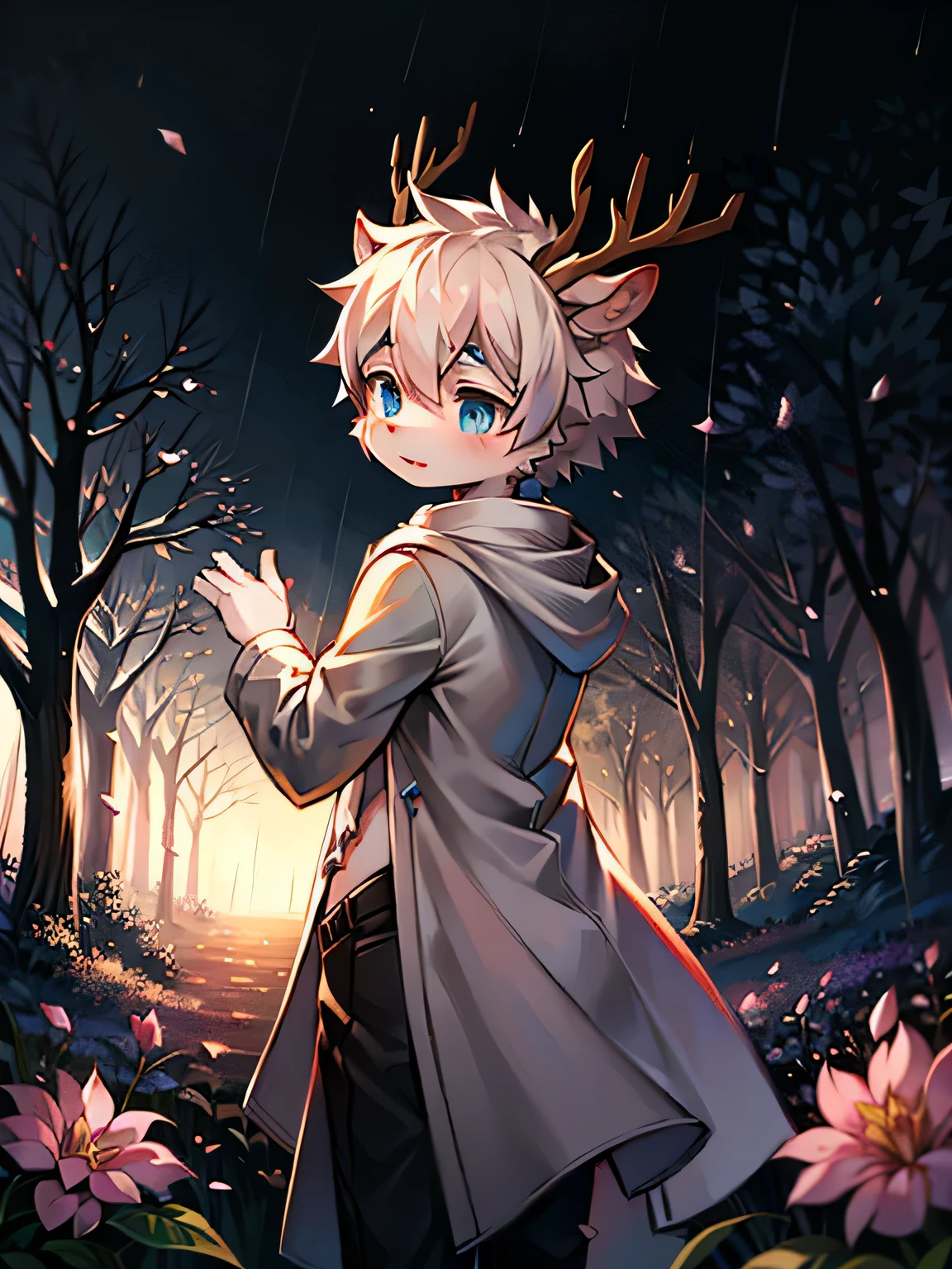 A white deer looks back,Green-eyed,deer antlers,in pajamas,light green decoration,starrysky,As estrelas,grassy fields, the shy,Peach blossom tree,falling flower petals,the only person,lovely boy,shota,nigh sky,natta,The vastness of the Milky Way,ornate backdrop,moon full,themoon,tall peach tree,light green pants