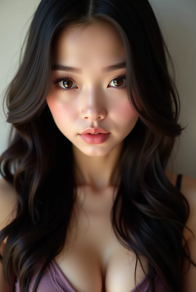 a woman with long black hair wearing a white top, ulzzang, detailed long black hair, black-hair pretty face, long wavy black hair, russian, beautiful black hair, kawaii, barbie in white, wavy black hair, wavy long red-haired  hair, beautiful full face