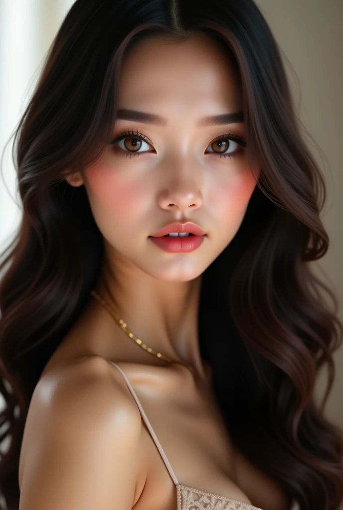 kpop idol girl with long curly brown hair, a rather luscious mouth,
slightly almond-shaped eyes that are a little big, a black skin color
