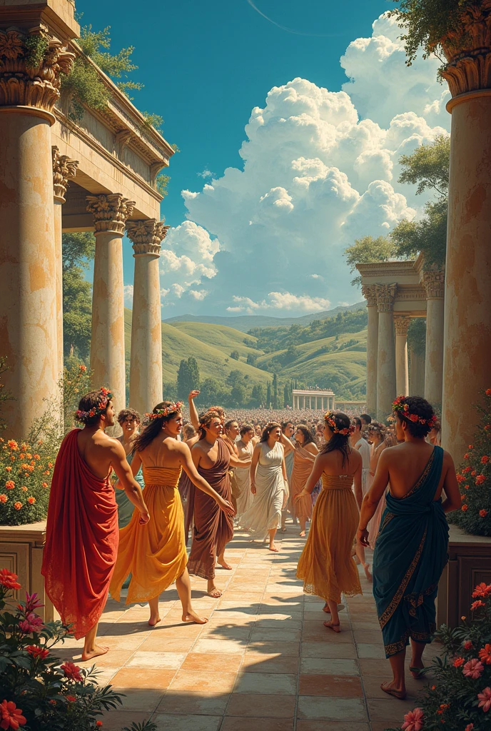 on a garden, full body, naked, six females greek with cloak are running, female greek, painted of rugged zeus and queen hera, god of thunder, female greek god, white hair, masculine, mature, handsome, upper body, muscular, hairy torso, fantasy, intricate, elegant, highly detailed, digital painting, artstation, concept art, smooth, sharp focus, illustration, art by gaston bussiere and alphonse mucha, almost naked