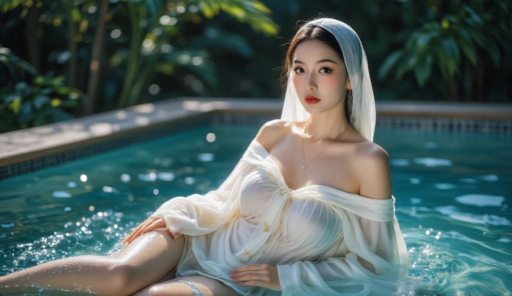 Malay woman wearing Square Neck Bow Front Floral Jacquard Dress and hijab  sitting in the water, long sleeves,big , closeup fantasy with water magic, beautiful maiden, wearing a dress made of water, cleavage, realistic oil painting, dripping wet, in water up to her shoulders, blonde, beautiful realistic painting, nymph in the water, hyperrealist portrait in a river, hyperrealistic fantasy art, splashing, realistic fantasy painting, cute shot, narrow depth of field, 8k, , drenched, ((soaked)), dripping water, dripping water, heavy clothes, soaked in water, wet all over, rouge lipstick, wet dripping hijab,