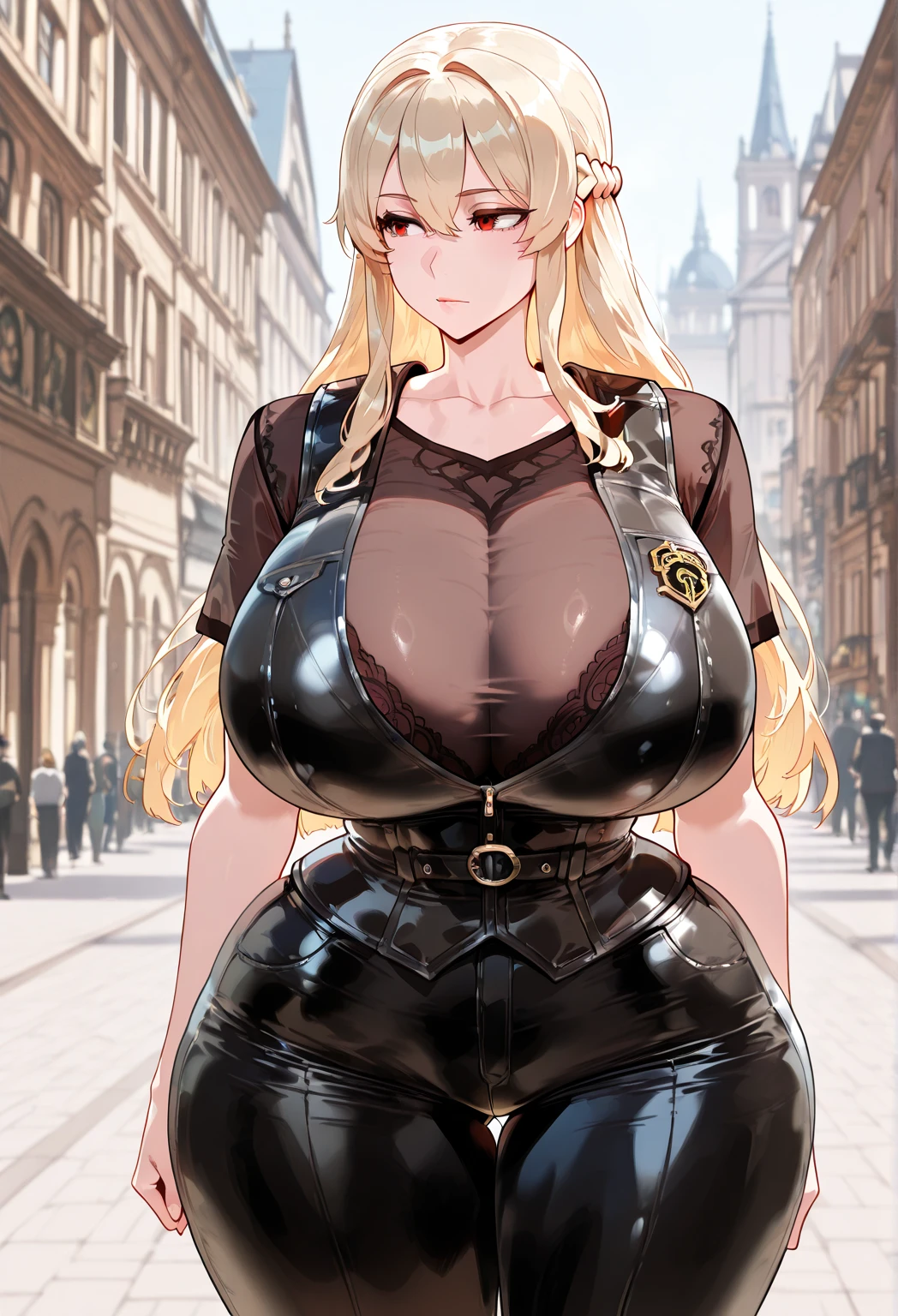 A woman with big ,(Gorgeous woman),ahegao,Victorian style,Lolita skirt,Long blond hair,((See-through clothes)),Showing belly,Slim waist,(Blush:1.2),Long legs,On the streets of London,