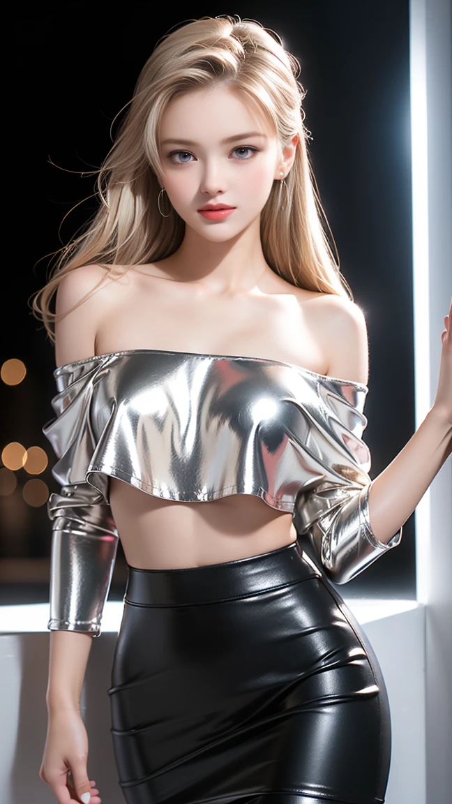 (8k, RAW photo, best quality, masterpiece),(photorealistic), HDR, UHD, dynamic,(colorful) , blooming light effect,(night city background),
BREAK
one girl, solo, cleavage ,extremely beautiful lady on hips,(from below at viewer), show legs ,busty ,nipples ,intricate details, athletic and fit body, adorable, vibrant, playful, perfect hands, detailed hands, perfect eyes, detailed eyes,(Cute navel),(gyaru), (tanned skin), ((dynamic posing)),(realistic skin and hair texture, detailed beautiful & luster & grossly),((long blonde spiral curls hair)),(streaked hair),Long narrow eyes, nasally face ,A nicely protruding chin,(High nose),((Long bangs)),enchanting, adorned, charming,captivating, alluring, stylish, bedazzled,(fit body),
BREAK
(white theme:1.5), (all pure white costume:1.4), (Completely unified costume with white coloring:1.4), (sleeveless ((white latex crop top)) with high neck:1.4), ((bare shoulders, stomach, navel):1.3), ((white latex A-line skirt with ruffles)), ((fusion of white latex long sleeves and white latex gloves)), ((white latex high platform thigh-high boots with heels)), (countless rows of rivets on costume:1.4),
BREAK
(wind),