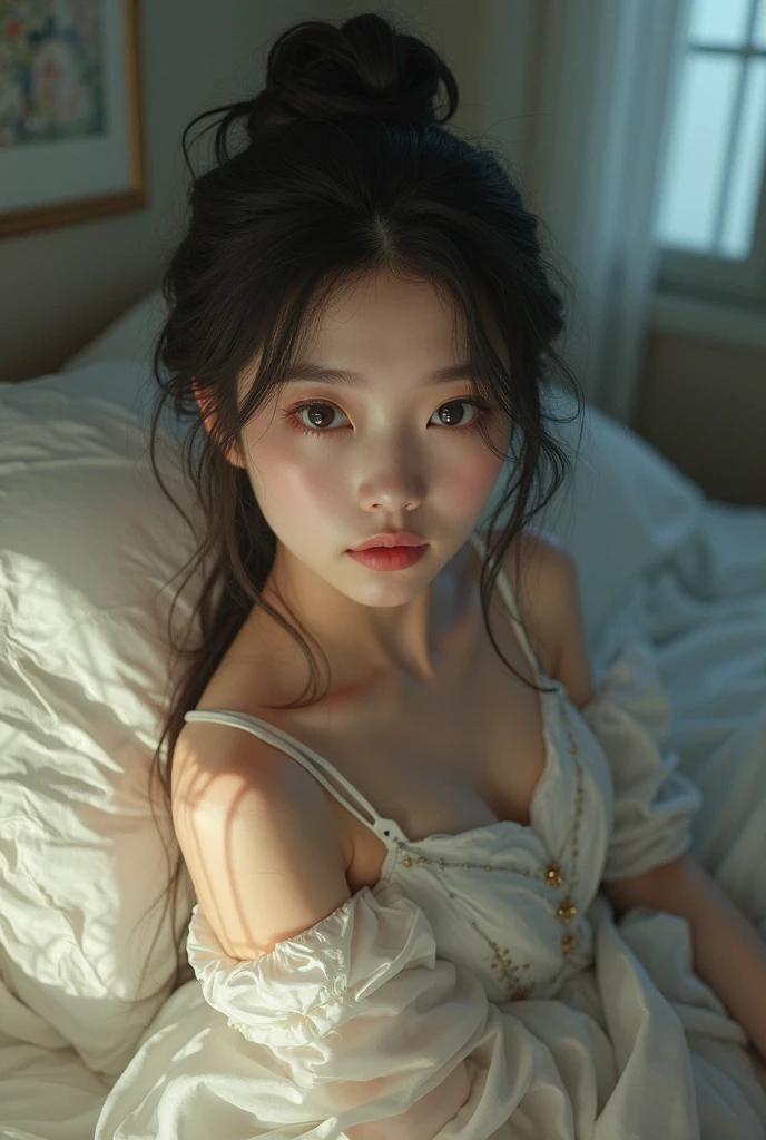 1 girl, Best quality, masterpiece, ultra high res, (photorealistic:1.4), raw photo, 1girl, see through spaghetti strap shirt, cinematic lighting, half body view, half body shot, bedroom, nude but covered by blanket, long ponytail, Whimsical lighting, Enchanted ambiance, bokeh, Dreamy decor, Whimsical lighting, Enchanted ambiance