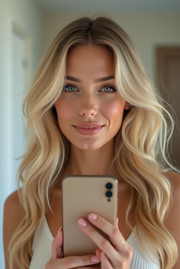 absurdres, RAW photo, highest quality, (masterpiece: 1.3), high detail RAW color photo, professional photo, extremely detailed CG 8k wallpaper unit, photo-realistic, realistic, RAW photo, masterpiece, best quality, highres,
1girl, 19 YEARS old, white, blonde hair, wavy, Average length, random hairstyle, beautiful body, thin legs, perfect gorgeous face, beautiful light brown realistic eyes, fair skin, detailed skin texture, natural very small breasts. Smile. Selfie angle in the bathroom mirror. Elegant. (bathrobe, realistic design). Shared bathroom. Morning.