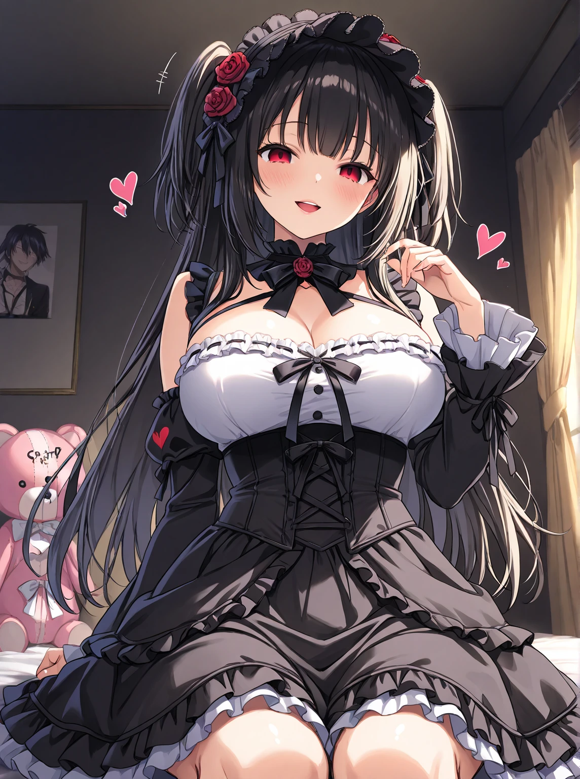 In 8K、highest quality、Bedroom、with a girl、black haired、twin tails、big pink ribbon、delicate face、Sareme、glare、red color contacts、blushing face、Pink blouse with plenty of frills、black mini skirt with lace、beautiful feet、striped lace tights、black platform pumps、seductive thighs、big breasts:1.8、big ass:5.5、big breasts thin waist、beautiful waist、shiny skin、look up、Kamimei、shy smile、look up