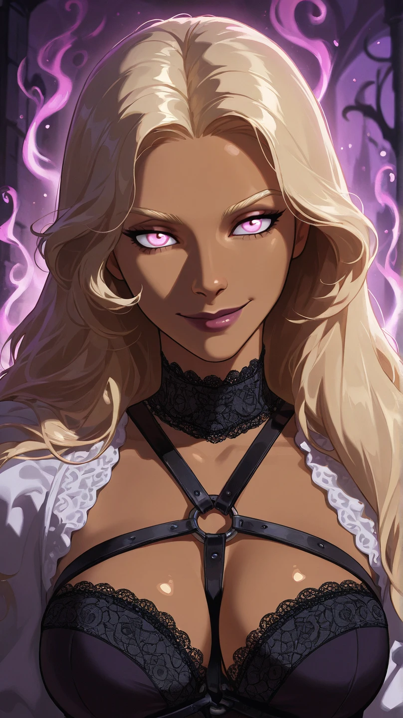 masterpiece, best quality, upper body, score_9,long wolf-cut hairstyle,light blonde hair,half lidded eyes,purple eyes, smirk,arms crossed,older woman,messy hair,black crop top,messy hair,lip piercing,black band on neck,long lashes,plump lips,long hair,long hair,arms crossed,black croptop.