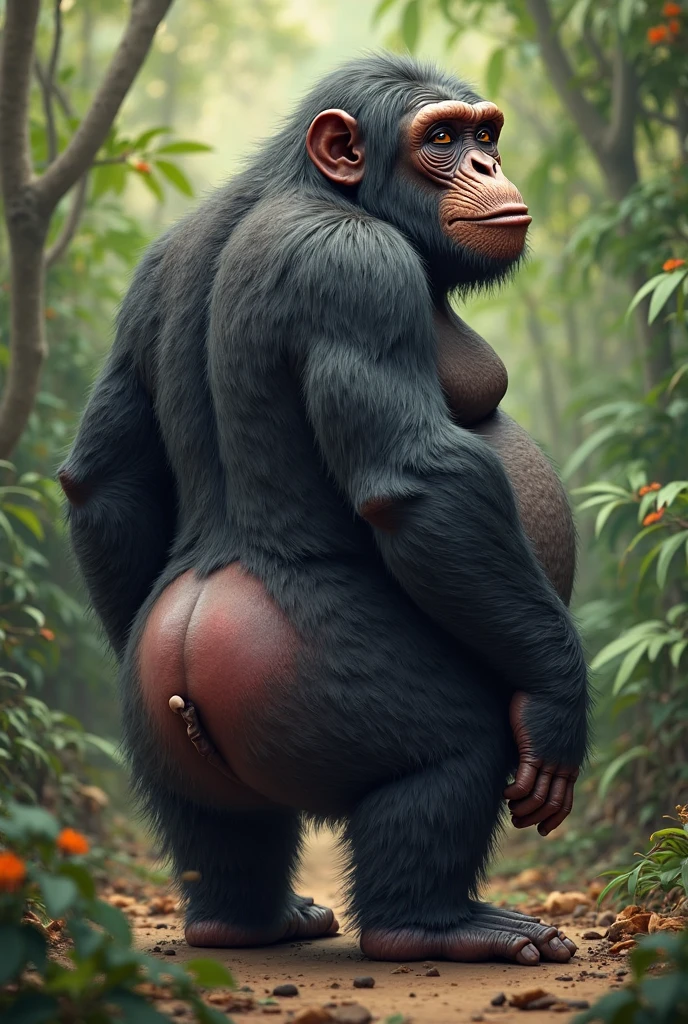 solo, feral, monkey, male, mature male, grandpa, curvy, sexy, shaggy fur, thick fur, prehensile tail, curly tail, bottomless, sagging balls, prehensile primate feet, big butt, grabbing own ass, chubby, crouching down, raised butt, wide hips, arched back, laying down, presenting anus, Imminent Penetration, cute, perineum, realistic fur, narrow eyes, symmetrical eyes, moaning, morning sun, jungle, realistic, photorealistic, ultra realistic, 8k, (by Bebebebebe), (by Rajii), (by Taran Fiddler)