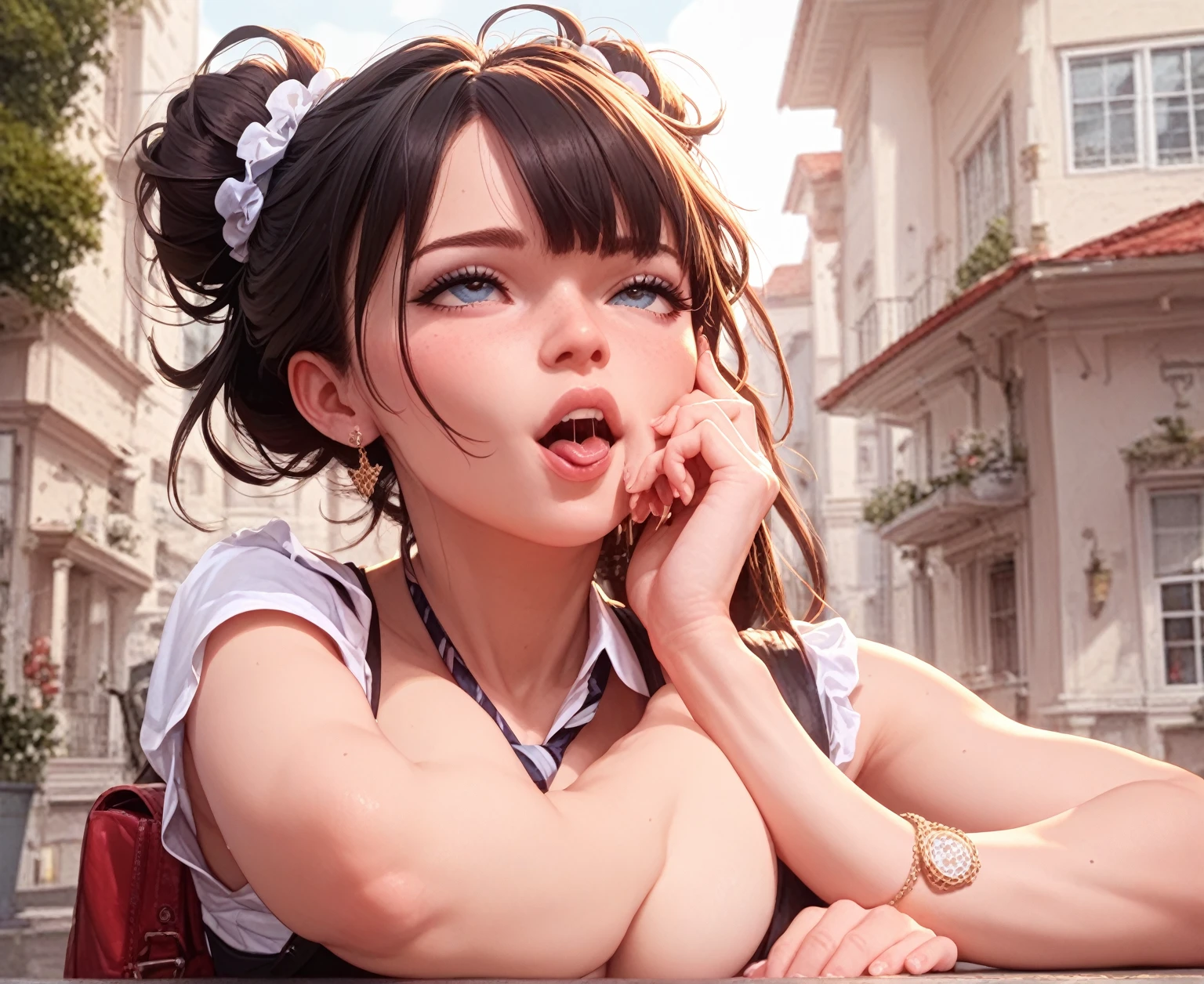 (Best Quality,4K,High resolution:1.2), Ultra-detailed, Realistic portrait, Best Quality, (outside japanese high school), (passionate scene),one very young looking high school girl, (intense emotion), (carp), (kiss:1.1), , (open eyes),(innocent look), student clothes, long black hair with bows and ribbons、Mini Pleated Skirt、(Stockings), standing, open mouth, (very big breasts), lingerie, pigtails, thin tiny waist, black and pink marching band uniform with bow, having fun, small body, big brown eyes, big cute smile, (full body, perfect long legs, looking up staring into camera, far away), (muscular lean abs, tight cropped blouse), (ahegao, tongue out, long tongue, open mouth, saliva dripping down)