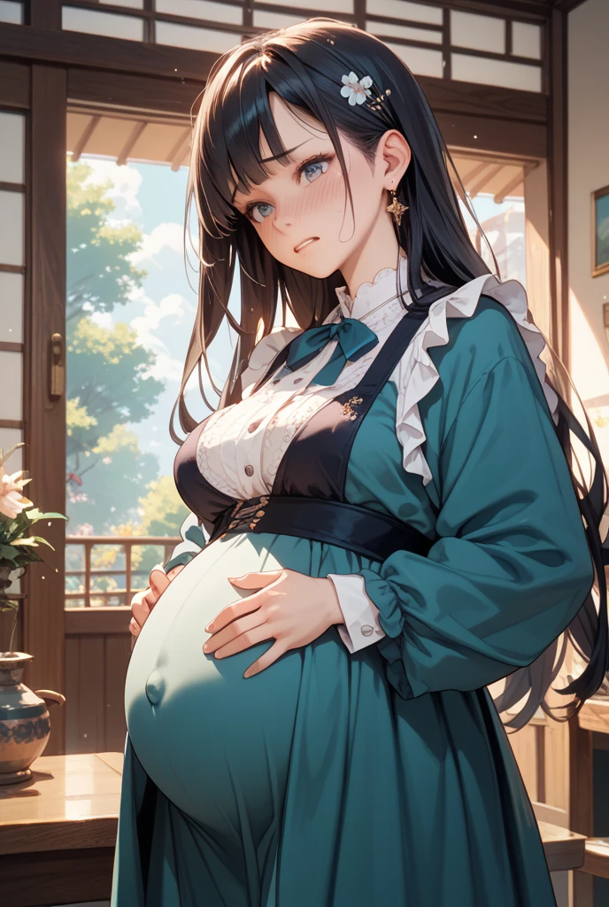(in a cute maid clothes) (solo:2 ponytail green hair long hair lovely Pregnant:0.4 women, love closed eyes, love:1.3 smile, blushing), break, (standing in the hospital bedroom), BREAK, perfect anatomy, masterpiece, best quality, 16k, beautiful detailed darkness, daydreaming expression