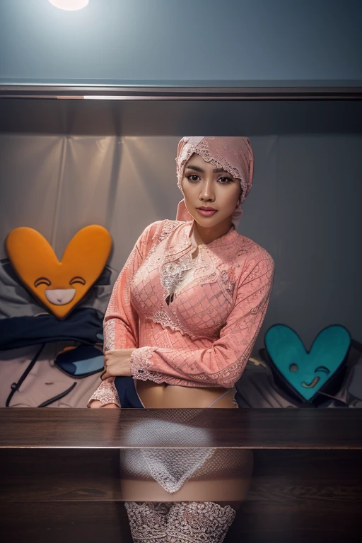 Raw, best quality, masterpiece, Ultra-realistic, ultra-detailed, korean, Happy muslimah, big breasts, plump body, scary house background, wearing long satin tight pink abaya, poop on her shoulder, wearing big Headphones, hugging breasts