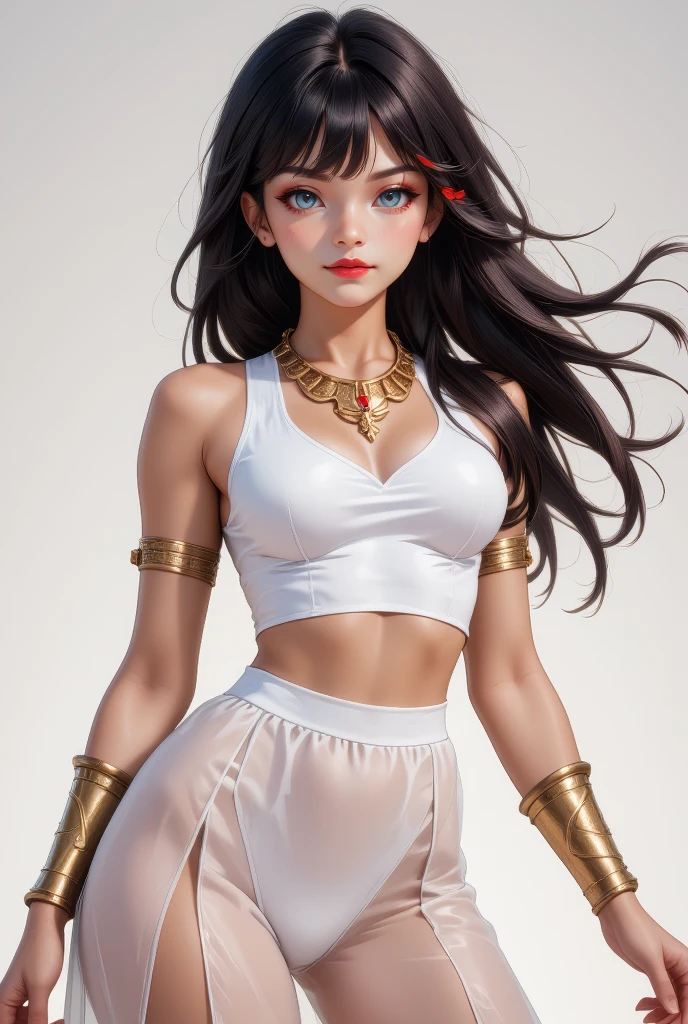 simple lighting and texture, studio background, fundo simples, uma menina, latina face, brown skin, long natural dark hair, glamour, Stand up, maquiagem, Lips are soft or colored, , silhuetas fluidas, Stand Up, provocador, surprised facial expression, bashful, fantasy fighter clothes black and dark