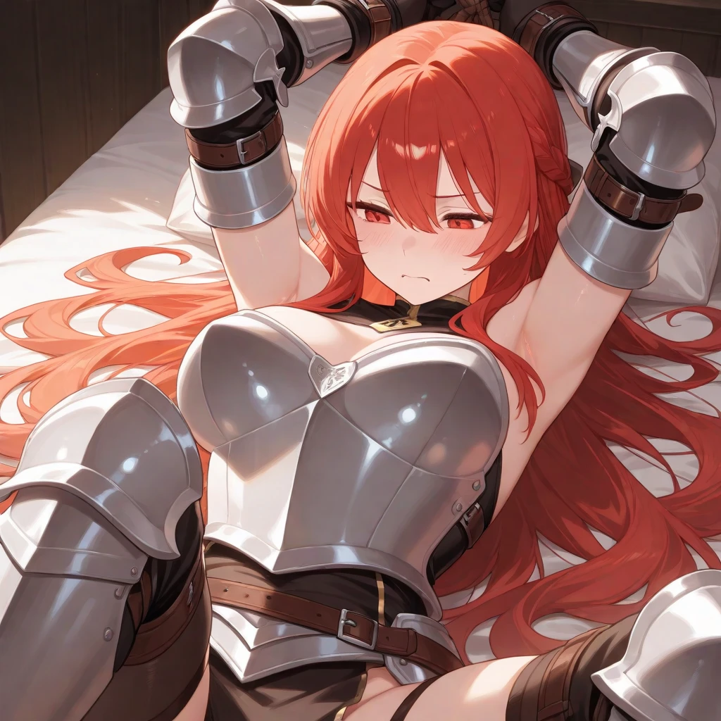 ((masterpiece,Highest quality:1.3)),cowboy shot,1woman,30 year old beauty,独奏,((very small head:1.2)),red hair,long hair,low ponytail,blunt bangs,red eyes,gorgeous eyes,shy,medium breasts,((very long body:1.2)),((toned body,slender body,skinny)),gleaming skin,shiny skin,sweat,iron bikini armor、Iron Gauntlets、Wet crotch、sitting,Large bed、Large bedroom、Medieval Europe、