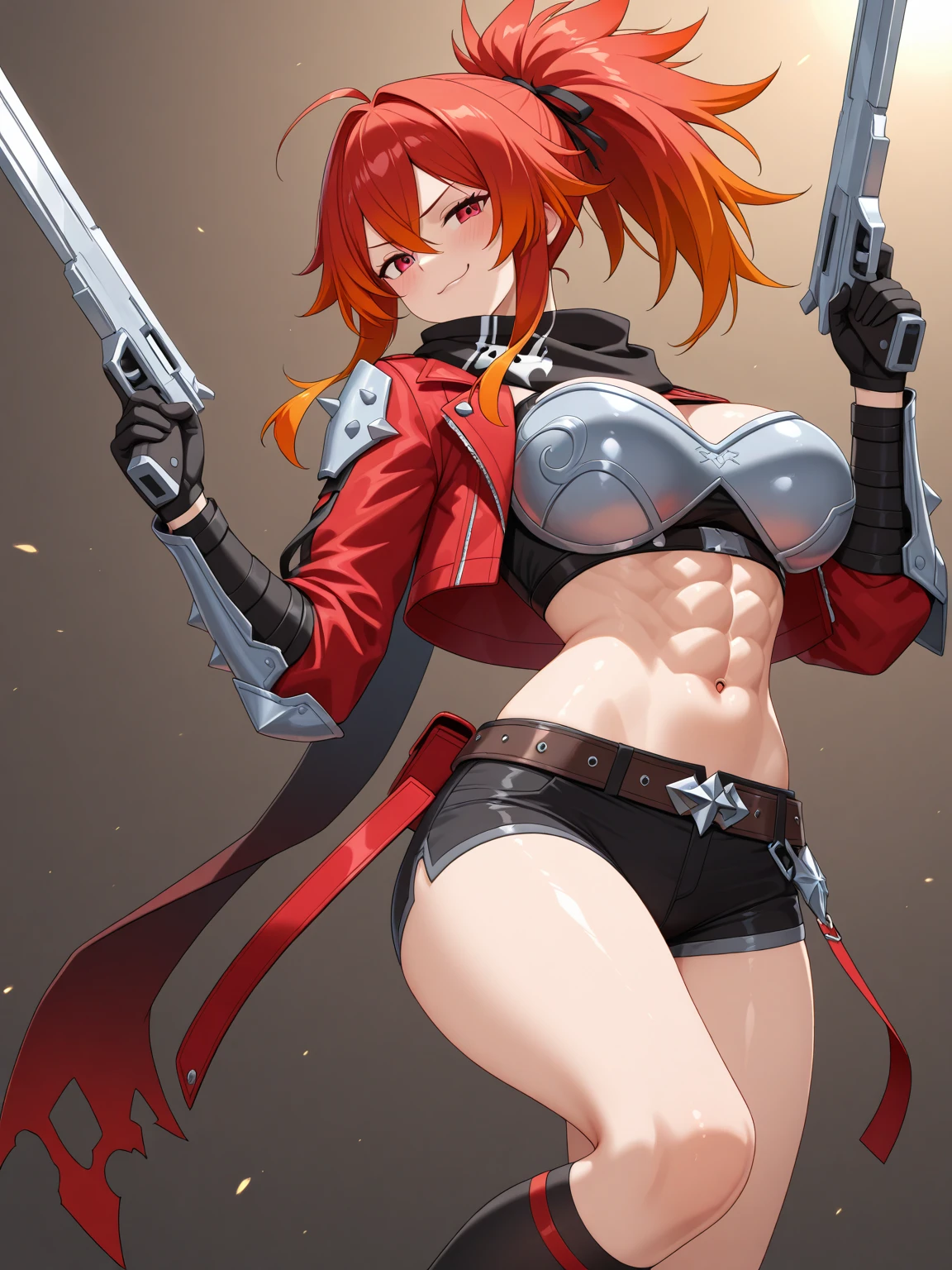 1 girl, solo, matoi_ryuuko, short hair, navel, suspenders, thighs, hair between eyes, Long red metal scissor in hand, serafuku, large breasts, thighhighs, multicolored hair, black hair, red hair, streaked hair,, jinkesu clothes,  MatoiRChrg, underboob, microskirt, thigh boots, garter straps, (((straight posture))), robotic body, cyborg girl, The body is made of metal, Cyber Eye, cybor killer, tubes throughout the body, thrusters, Mechanical legs, Mechanical arms, very detailed, super quality, 8k ultra resolution, holds a katana with both hands, Short skirt, clothing straps, blood on the cheeks, Epic Shot, in a fighting pose, blurry plan, against the backdrop of the cyber city, The metropolis of the future, very detailed, super quality, 8k ultra resolution