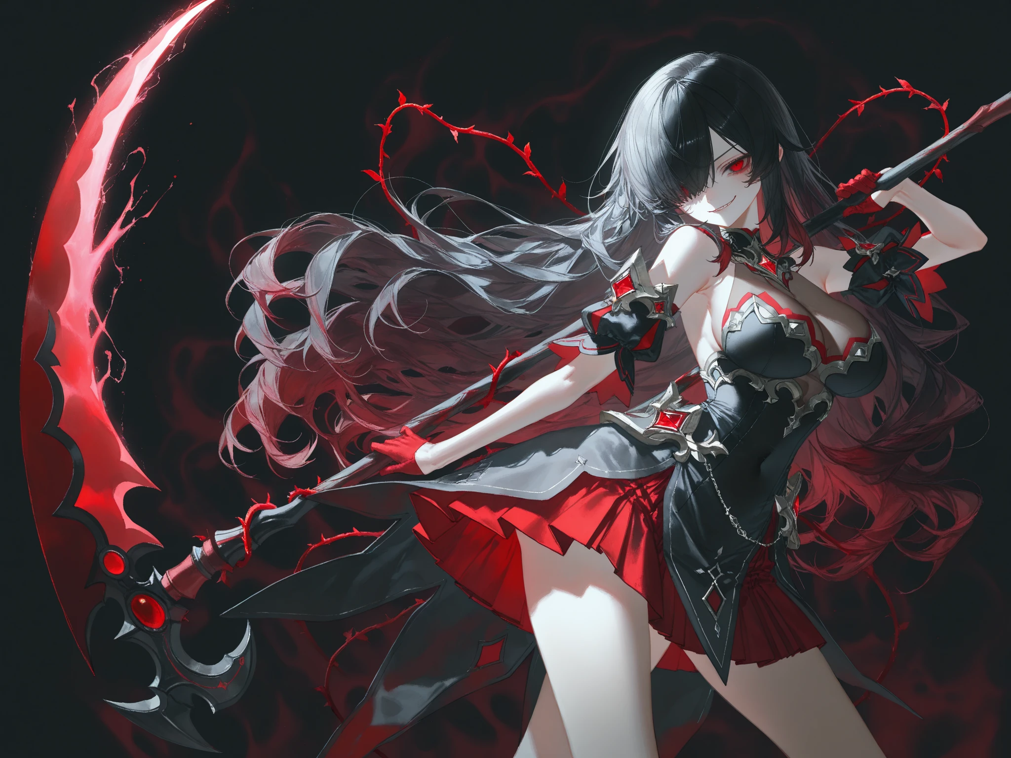 (((((execution)))))　((((witch))))　(((wand of flame　grimoire)))　((Black Hair　witchの帽子　Red eyes　smile　Looking down))　((explosion　fire))　(Magic Robe　Black Hole　despair　tears)　incantation　Runes　Shining Background　Shining Edge Art Station, White Background, 長いBlack Hair、Black Hairロング、Standing in the Wilderness,whole body、Equipped with Crow Gauntlets、triumphant smile、Small breasts、, As if smoke and shadows were given shape, Wings made from giant crows, Dancing crow feathers, Many glowing red eyes, Shadow Claw, Supernatural Lightning and Fire, ((black sun)), 8K high resolution, Trend Art Station、Black color, whole body,raven feather skirt、A whirlpool of countless red-eyed crows、Black Hole ,((Long black hair)),Long black hair,Atomic bomb, Or a nuclear bomb, それは大きな破壊力を持つexplosion兵器である, A large amount of energy is released、. The bomb works through the nuclear process of atomic fission.。, A large amount of energy can be released from a small amount of matter.. Aegis Ore Shield Black Opal Aberration Flail Weapon resting, A creation of nightmares ready for action. This mangrove weapon is a grotesque monster., Has twisting tentacles that form an extension of the weapon. Each tentacle ends in an eyelid bearing sharp teeth and fangs.。, jutting out like a deadly blade. The body of the weapon、It is adorned with stitched-together human arms and a mad eye filled with slithering, snake-like tentacles.。. Even though I&#39;m in chains, The anomalous grenade weapon has a look of insanity and extreme madness., As if they were a living extension of the chaos that inhabited the dungeon.. Your eyes shine with a disturbing intensity. The surroundings are ominous, The damp stone walls and oppressive silence
