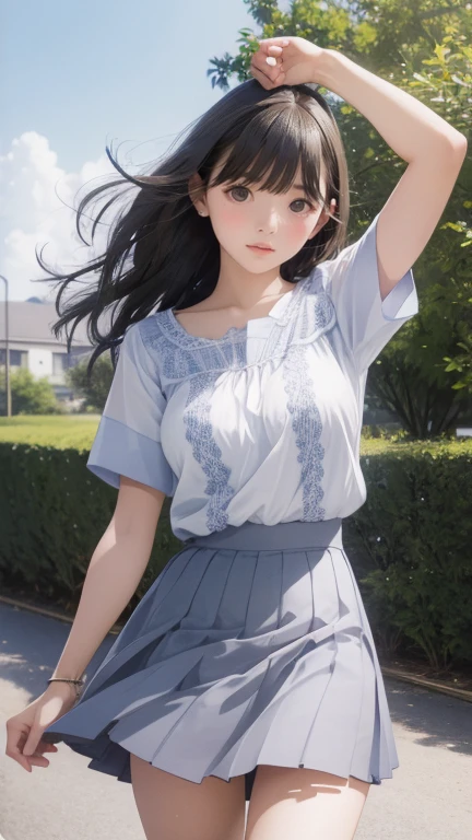 highest quality、Realistic、female、zoom、Orange Eyes、Long straight black hair、Plain white T-shirt、Rolling up his sleeveini skirt with red pleats、slender、Dark Skin、smile、Bust Shot、