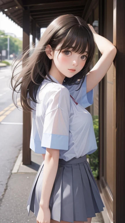 Beautiful young girl, short uniform skirt, winking, seductive,kneeling, mouth open, saliva falling from mouth