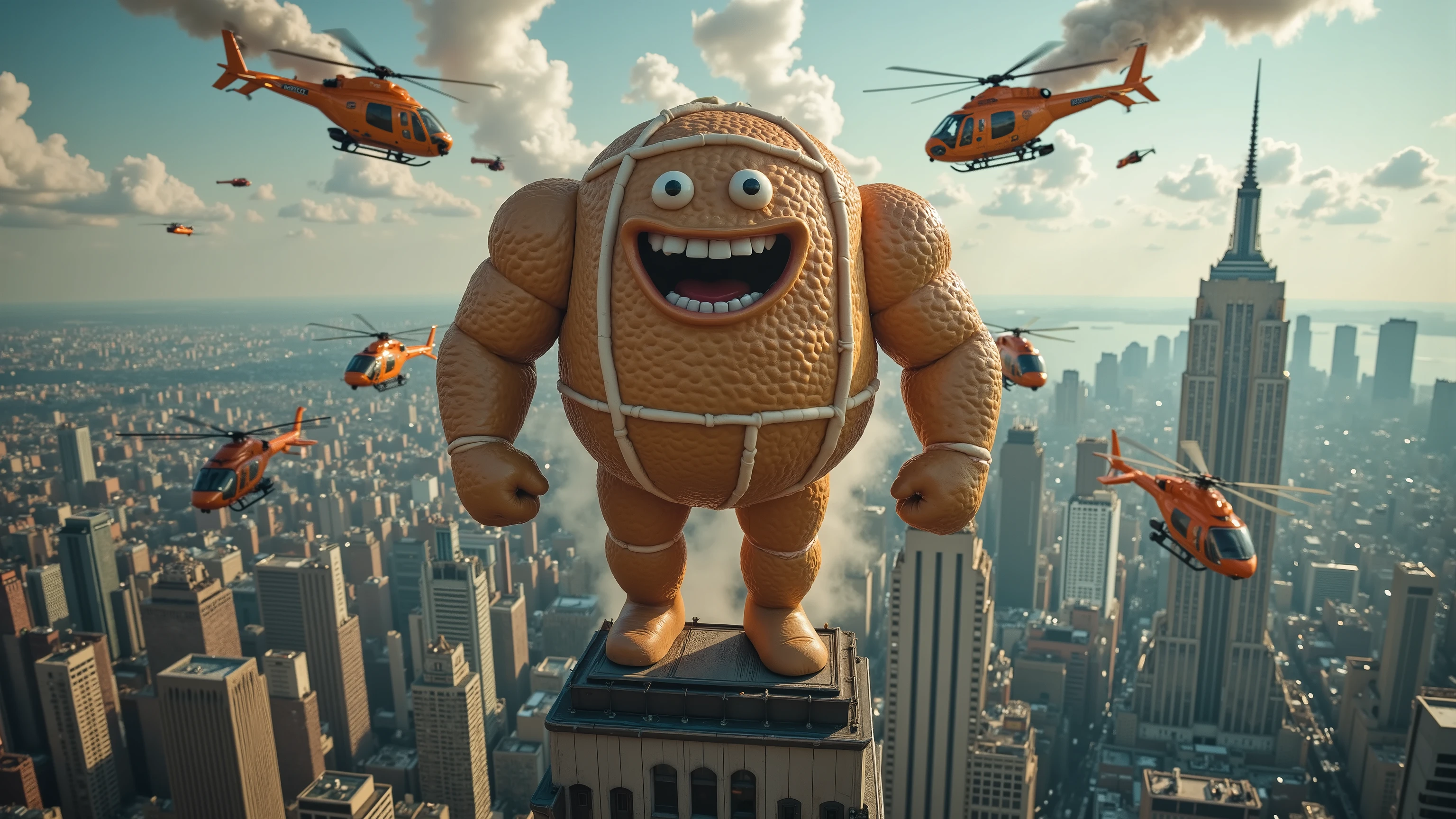 A towering giant of a cute character of hot cross bun,(wide angle:1.5),(bird view:1.5), stands defiantly on the iconic Empire State Building's observation deck. Two choppers swoop in, firing a hail of bullets as the sweet-toothed warrior unleashes a mighty roar. Dynamic movement captures the chaos: the character's arms outstretched, his cookie-like fists clenched; helicopters whirring by, their rotors kicking up clouds of Manhattan mist. Unparalleled quality, captured through the lens of a 50mm camera, frames this sugary showdown in vivid detail.(highly detailed realistic cityscape background),