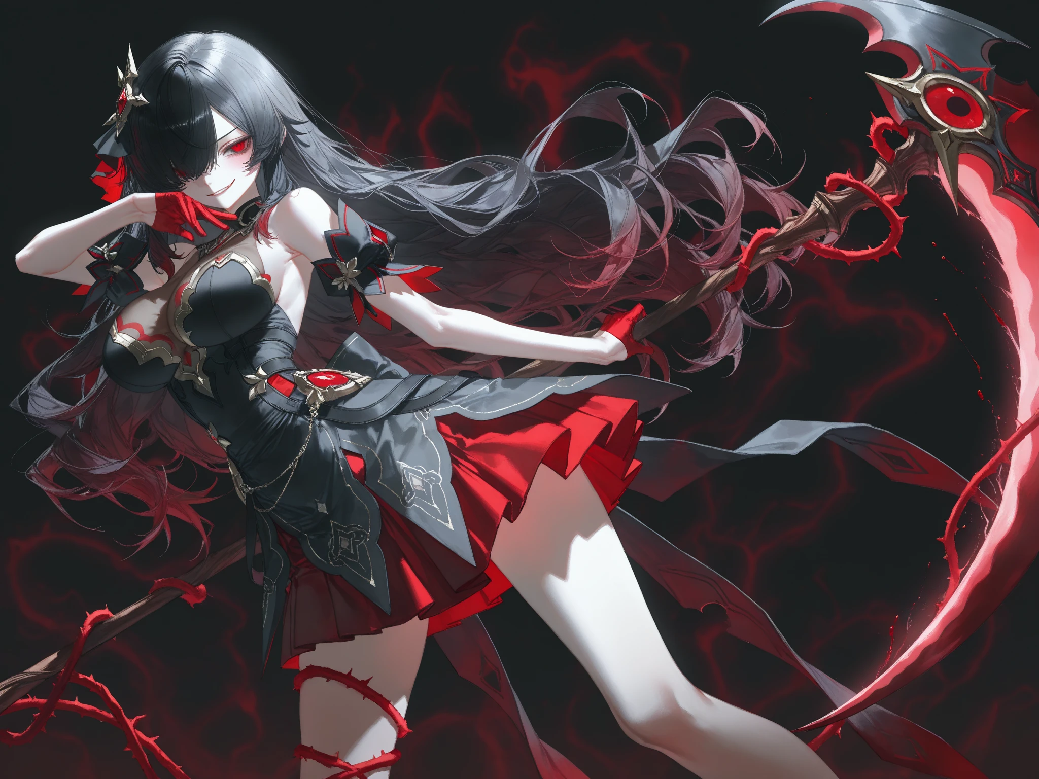 Exquisite eyes),(Clear and beautiful eyes:1.61),masterpiece, 1 young girl,(Black clothes and some red gems), Black long hair, (She has a huge red gem on her chest), Good Hand,((The Havoc of StarCraft)),full-body shot,Fighting Stance,(Red Eyes:1.466),short and small,(Very big breasts:1.35),(Pretty Face),(full-body shot:1.33),Beautiful hands