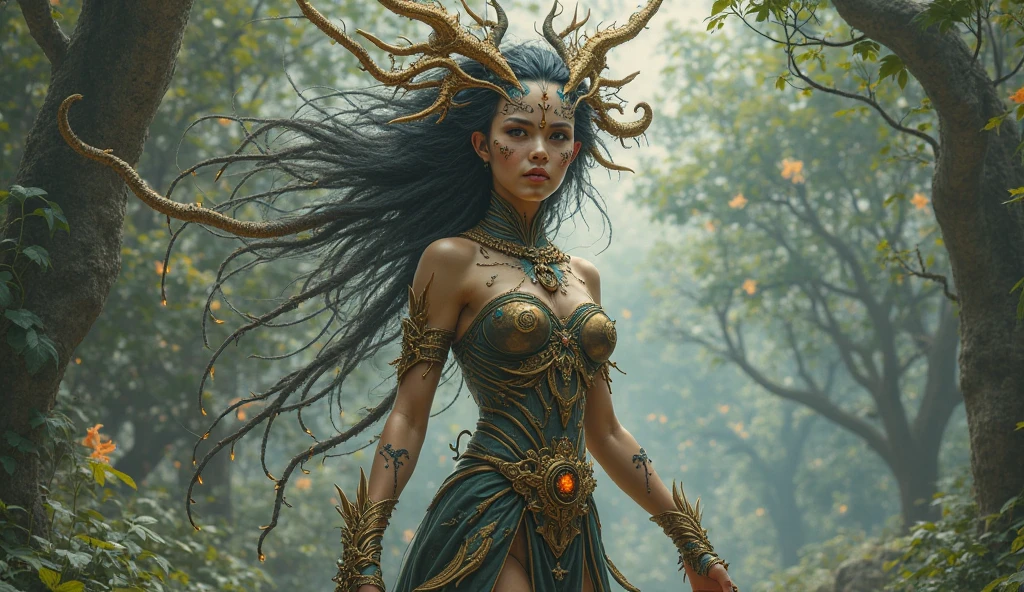 ((​masterpiece)、(top-quality)、(reallistic))、beautiful queen:1.4、Bondage style、latex shiny、By Luis Royo:1.4、1girl in、Sexy Daughter、Attractive earrings with impressive beauty、a choker、a necklace、piercings、(Super beauty)、Super Ultra Ultra Bikini、standingn、fullllbody:1.4、(Beauty in return)、Fantastic mythological landscape