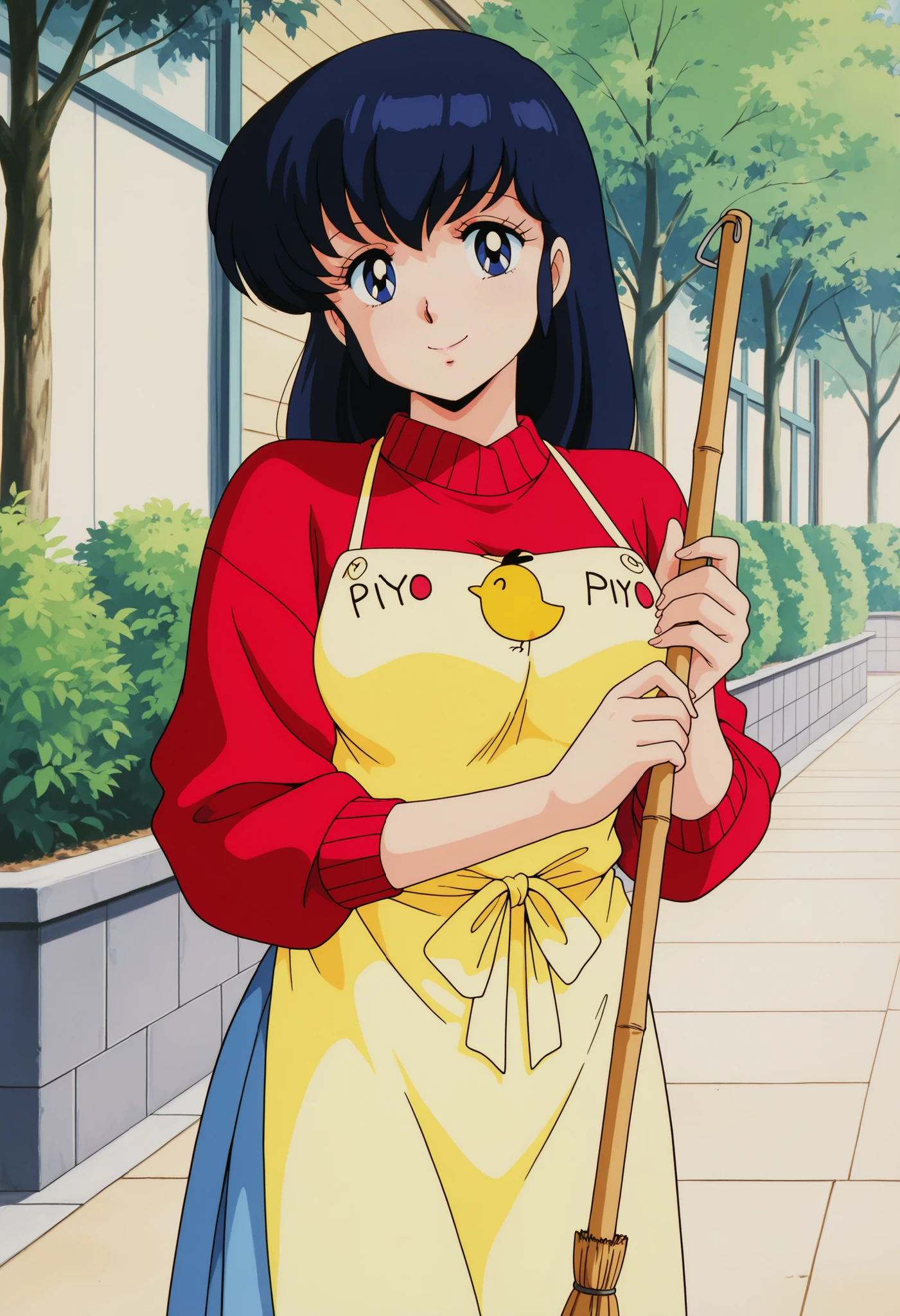 masterpiece, best quality, amazing quality, detailed background, perfect eyes, anime coloring, anime screenshot, 1980s \(style\), 1girl, solo, mature female, otonashi kyouko, black hair, long hair, , blue eyes, medium breasts, yellow shirt under red sweater, long sleeves, blue skirts, piyo piyo apron, holding broom, looking at viewer, smile, (outdoors)