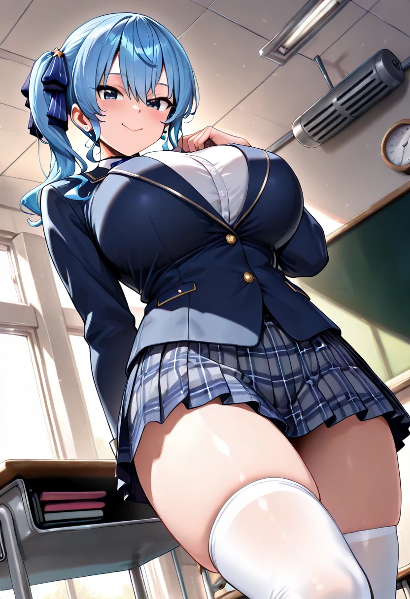 masterpiece, best quality, Full-HD, nsfw, (1 girl, 18 years old:1.2), japanese girl, ((solo)), (dark blue hair, short twin tails hair), parted bangs, pubic hair, (cyan eyes, look at viewer:1.2), glossy lips, Natural makeup, baby face, ((fluffy huge boobs, sagging boobs, big areola, puffy areolae)), plump, voluptuous, wide hips, thick thighs, lustrous skin, ｛((school uniform, navy blazer, white long sleeve shirt))｝, blush, wariza, ｛school uniform, navy pleated skirt, miniskirt｝, (white loose socks;1.5), (micro white panties:1.2), panty shot / upskirt, skirt lift, spread legs.;3 from below, classroom,.((open clothes:1.2)),