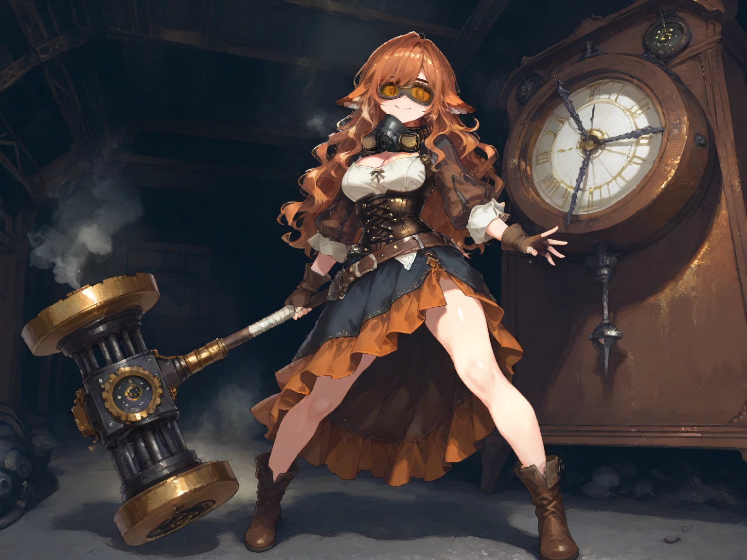 pixel art:1.35, fantasy artwok:1.2, sfw:1.3, (full body, standing, , smile close mouth), 1girl, wavy Hair:1.2, longeyelashes, fluffy long eyebrows:1.2, Thighs:0.8, Cleavage, (steam punk dress:1.2, (Holding, huge Clock weapon:1.3\round:1.3\clock hands:1.2\clock:1.4\hammer), wearing a leather corset, belt, pouches, goggles, fingerless gloves, and a gas mask around her neck),  BREAK, (Skirt hem, Flared Skirt:1.1, fluttering, shin), BREAK, BREAK, ((masterpiece, best quality, amazing quality, hyper-detailed)), (absurd, very aesthetic:1.2), (hyper-detailed background, lighting), dynamic pose:1.3, from front, (back ground, gear room:1.2, gear:1.3, gold)