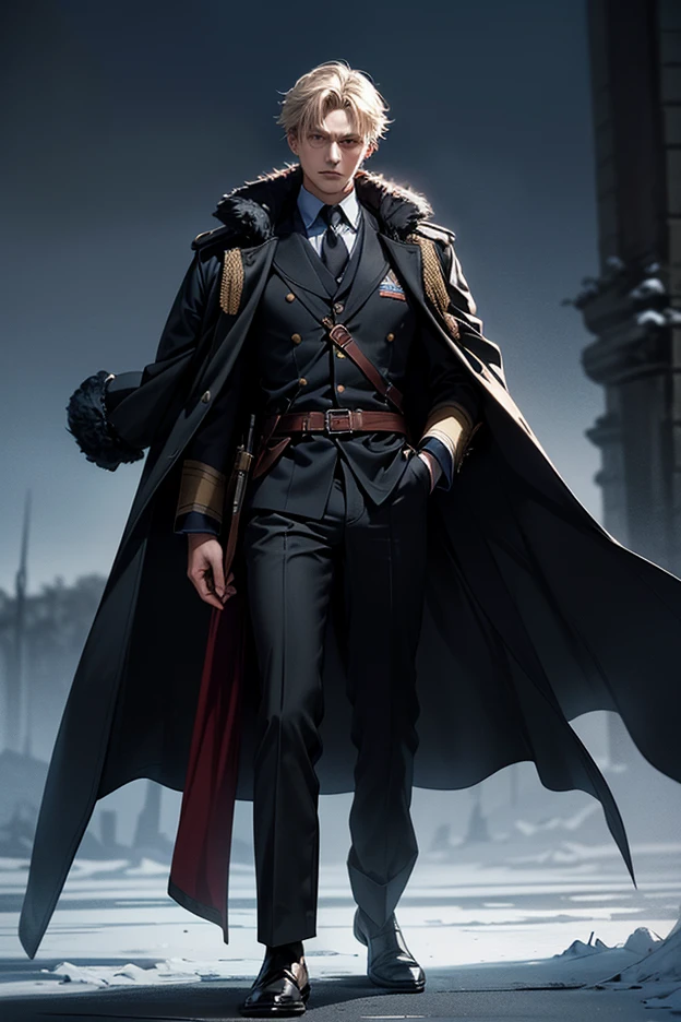 Extremely detailed, very realistic, very sharp, hyperrealistc, hyper realistic, best quality, masterpiece, very beautiful, adult, military, latex military dress coat, pants, gloves, awarded, official, trousers, belt, red straps, harness, gloves, short hair, spaceship, very short blonde hair, pale skin, insignia, high rank, military cap, standing, no buttons, zippers, neck hidden, glossy, eyeshadows, eyeliner, formal, coat, pauldrons, man, stubble, evil emotion, glasses