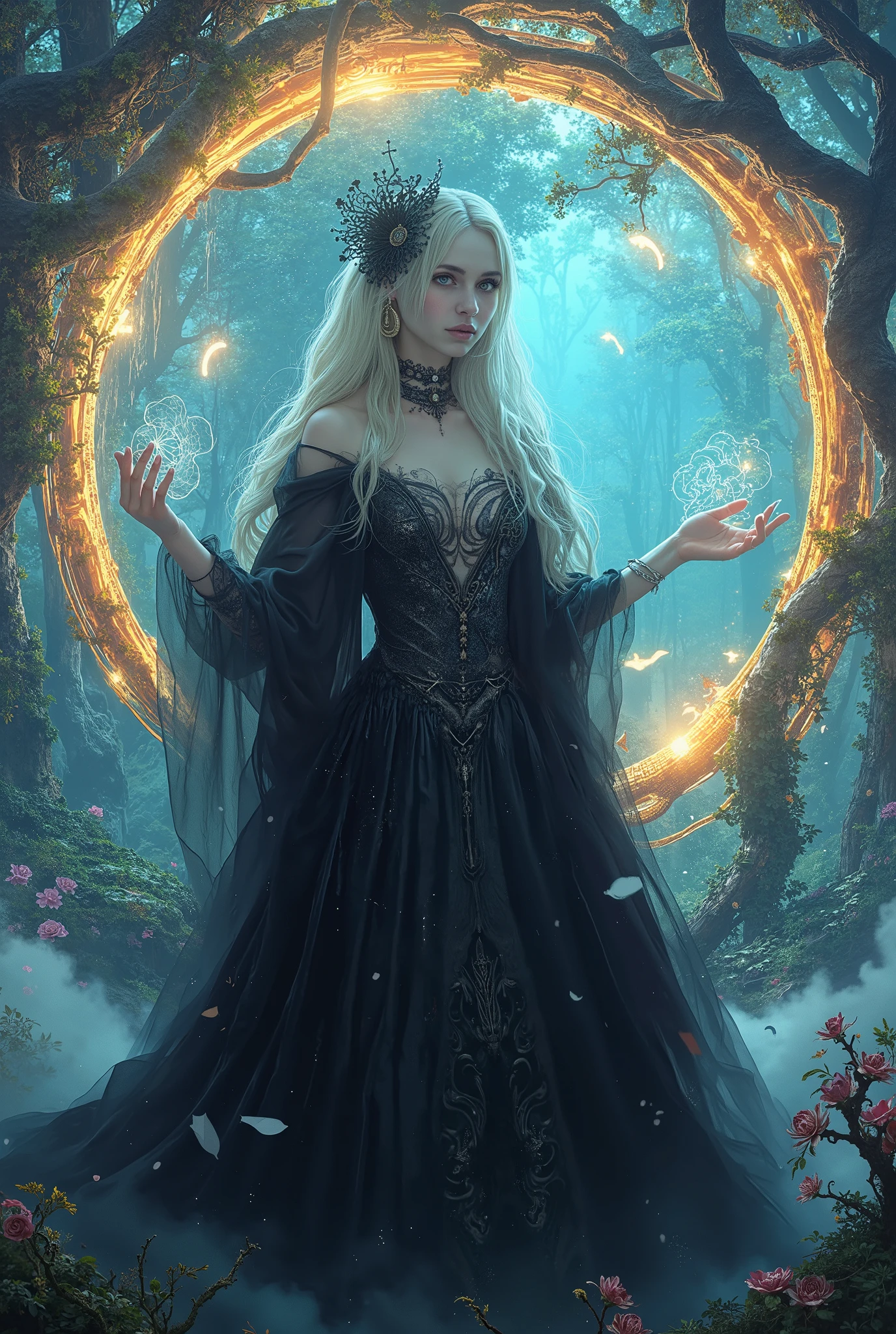 A Beautiful Witch, Fantasy Magical Portal, Magical World , magical atmosphere, photorealistic, advanced details, Best Quality, 4K, 魅力的な女性の肖像, Mysterious Eyes, Elegant Magical Gestures, Wrapped in a Magical Aura, natural look, Delicate skin, Magical World に佇む, detailed background, Beautiful Light Production , Elegant Magical Gestures, Detailed Image Quality, HDR, UHD, studio lighting, Detailed depiction, photorealistic, bright colors, Blur effect