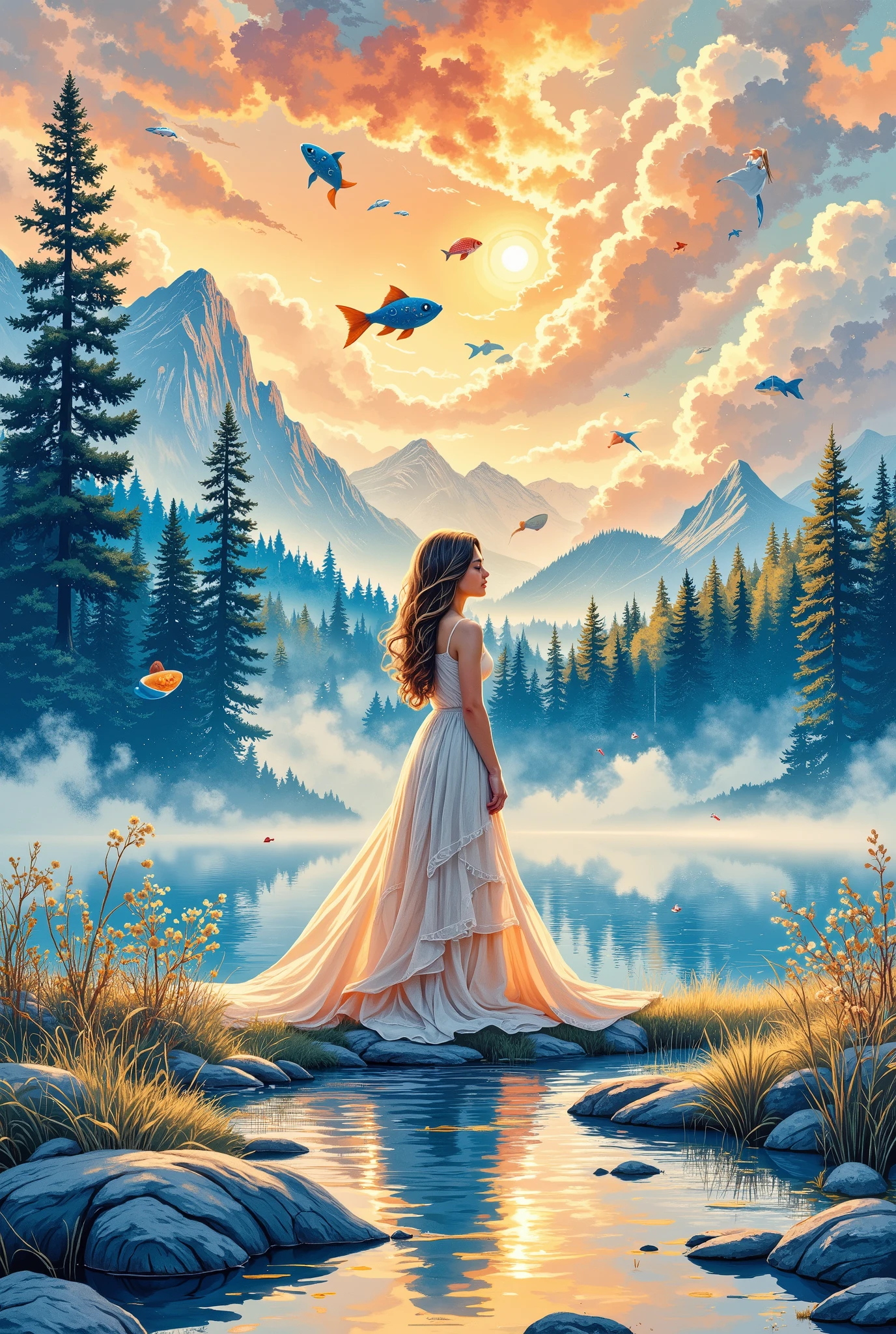 Create a hand-painted watercolor illustration of a dreamlike scene where a young sexy woman stands on the shore of a magical lake, her dress dissolving into soft blue and peach watercolor washes with visible brushstrokes at the edges. The lake reflects pages of an ancient book instead of the sky, with translucent fish-shaped hieroglyphs rising from its surface. In the background, a forest melts into abstract watercolor blotches, where tree trunks lose definition and blend into dreamy color stains. Include floating fragments of memories—like a steaming teacup, hood swings, and an unfinished letter—appearing as semi-transparent ribbons in the air. The style should balance delicate watercolor blending with intentional rough brushwork, evoking a page from a poetic fairy tale where reality begins its transformation into magic, using muted watercolor tones with accents of lapis lazuli and gold to enhance the ethereal, melancholic atmosphere