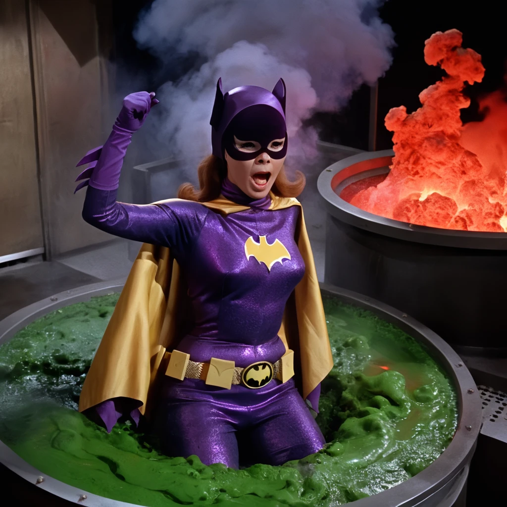 yvonne craig woman, sinking in green lava inside a big tank in a scientist lab. She screams with her eyes wide open, she looks for help, extent her arm trying to grab something to escape, she moves desperate, but half of her body is already cover by lava she is in pain, smoke everywhere. she screams as hard as she can , 60's style, analog film, film grain, on a lab. Some red lights