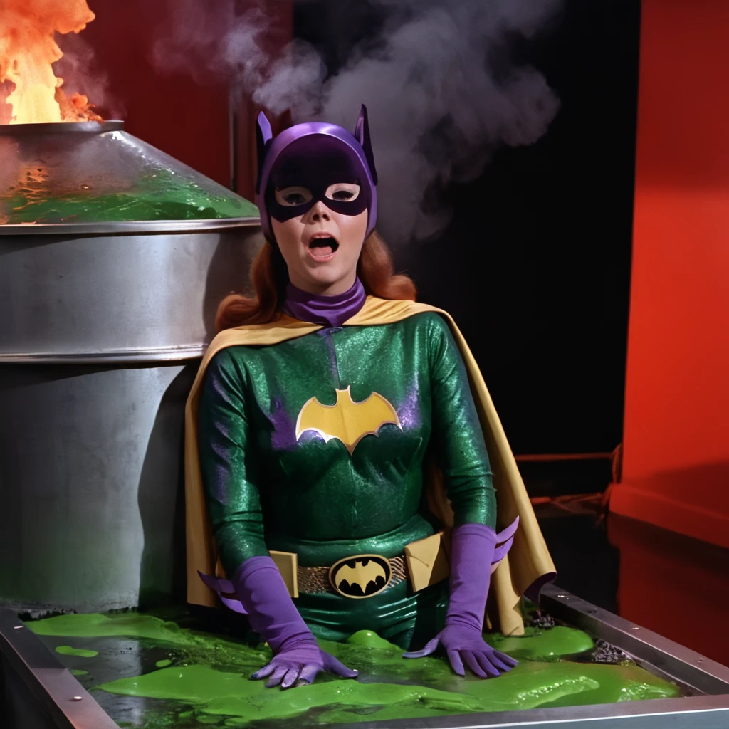yvonne craig woman, sinking in green lava inside a big tank in a scientist lab. She screams with her eyes wide open, she looks for help, extent her arm trying to grab something to escape, she moves desperate, but half of her body is already cover by lava she is in pain, smoke everywhere. she screams as hard as she can , 60's style, analog film, film grain, on a lab. Some red lights