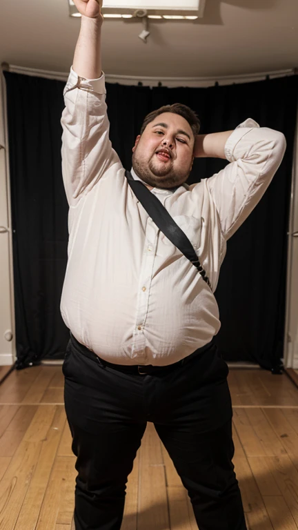 "A realistic photo of a 50-year-old overweight man with short black hair performing a ballet plié, his face visible, Wearing pink tights, with his belly exposed, accentuating the abdominal fat.