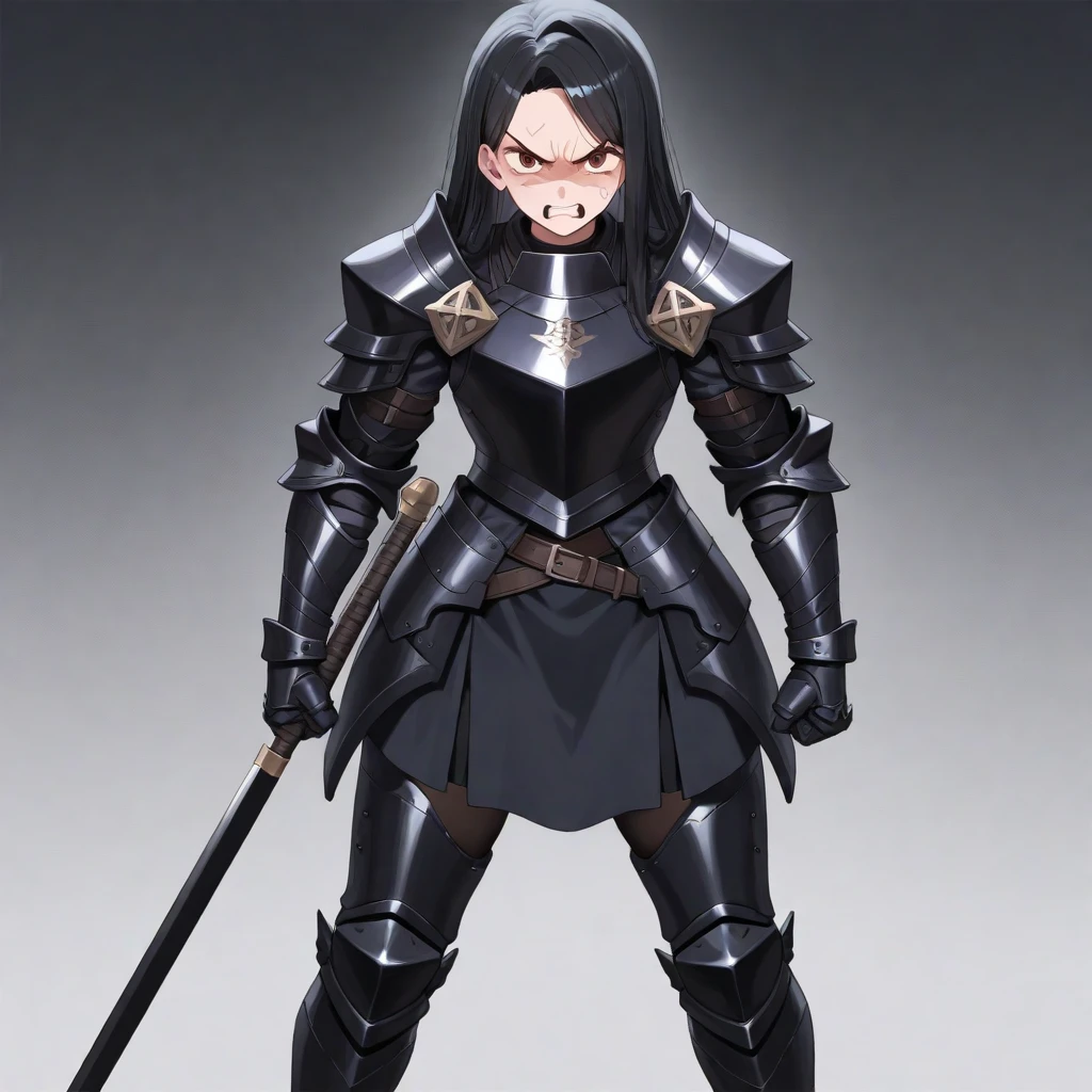 A tall woman, robusta, cabelos longos e negros, pale skin, red eyes and wears black armor with black details, wielding a chain linked to a black hook with red visages