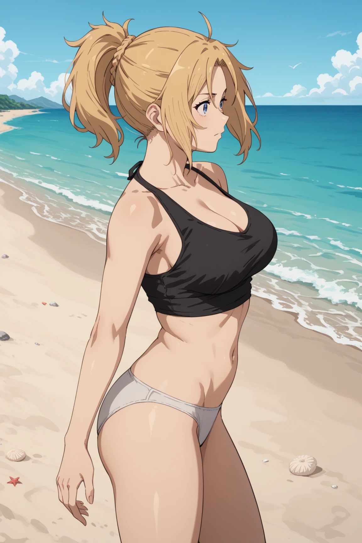 masterpiece, best quality, facing viewer, looking at viewer, 1girl, solo, outdoors, beach, standing, shy, tsunade, bikini