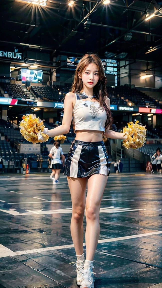 top quality、highest resolution、very detailed、masterpiece、raw photo:2、realistic:2、realistic:2、very delicate and beautiful、in detail、full shot、1 woman、Japanese、22 years old、(Professional baseball team cheerleading)、(stadium cheering seats)、(beautiful face:1.5)、Cheering Uniform、(mini skirt:1.5)、tall、brown hair、putting on makeup、textured skin、(bare legs:1.5)、perfect proportions