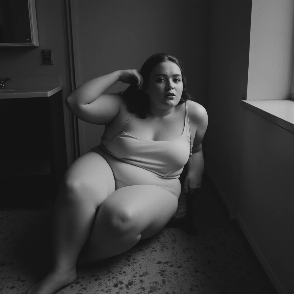 depraved naked woman with large breasts, open mouth and bare crotch sits in a chair with a cigarette