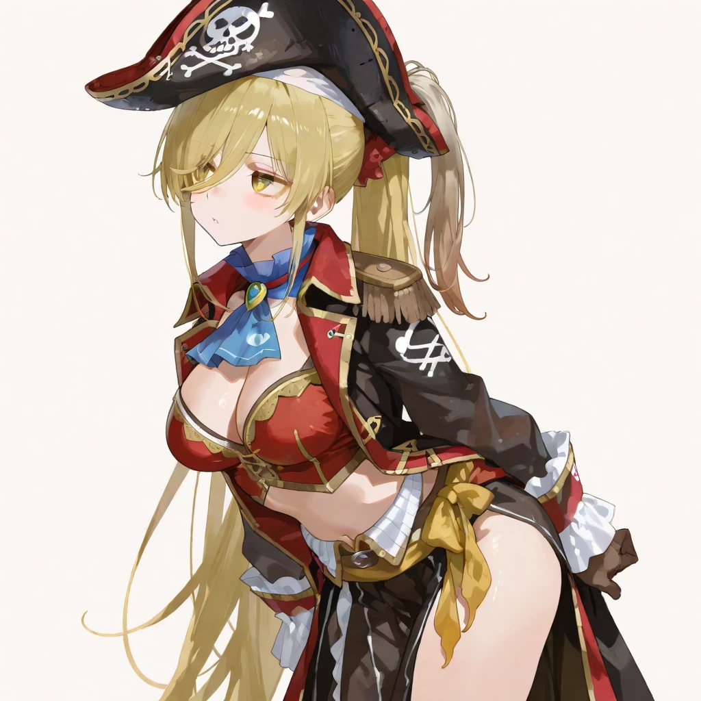 ((1 female pirate monster, bare chest, a shell stuck to her pussy)),((medium breasts)),((very large pubic hair)),((big yellow hair)),((yellow eyes, smile)) ,((facing the viewer)),((on a pirate ship, at sea during the day)),