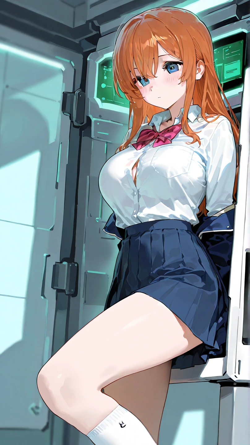 (Perfect body),Best Quality,16 K、(White blouse)、(Green tie)、(sleevless blouse)、((Blue miniskirt))、White knee socks、brown belt、Blue striped panties、Panchira、:D、I have my mouth wide open、(((asymmetrical bangs)))、partedbangs、(((Long straight hair)))、(Blue eyes),((Orange hair)),(Sweat)、(Big ass)、huge-breasted、(((thick thighs)))、Arms are spread、(Inside the spaceship)